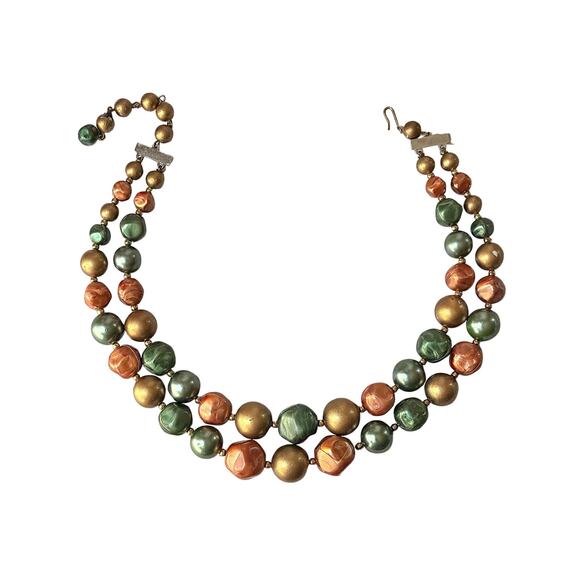 Vintage 1950s 2-Strand Choker Necklace, Metallic Green Peach Gold Graduated Bead - Picture 4 of 6
